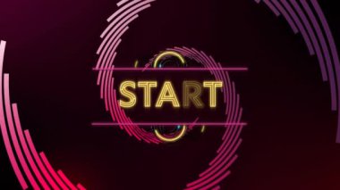 Koyu arkaplanda neon ışıkları ve dairesel desenleri olan START metin animasyonu. Parlak, canlı, fütüristik