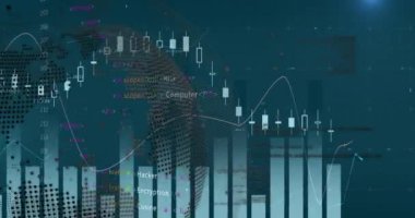 Şehir manzarası üzerinde bar ve çizgi grafikleriyle finansal veriler ve kodlama animasyonları. Finans, teknoloji, analitik, grafikler, dijital, istatistik