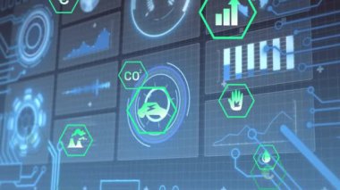 Dijital arayüzde veri noktalarını ve analitik animasyonları gösteren altıgen simgeler. Teknoloji, fütüristik, görselleştirme, bilgi