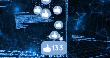 Dijital veri ve ikili kod arkaplanı üzerinden simgeleri ve numaraları gösterir. Sosyal medya, katılım, teknoloji, internet