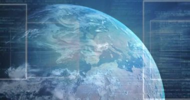 Kıtalar ve okyanuslar üzerinde veri işleme animasyonuyla Dünya 'yı döndürüyor. Global, teknoloji, dijital, gezegen, dünya