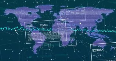 Dünya haritası üzerinde sayısal kodlar ve grafiklerle küresel veri işleme animasyonu. Teknoloji, analitik, kodlama, bilgi, sayılar, görselleştirme
