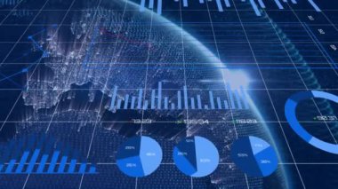 Finansal veri tabloları ve uzaydan Dünya üzerindeki animasyonlar. Finans, ekonomi, küresel, teknoloji