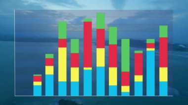 Gün batımında kıyı manzarasının havadan görünüşü üzerine bar haritası. Veri, analitik, grafik, grafikler, görselleştirme, kıyı şeridi