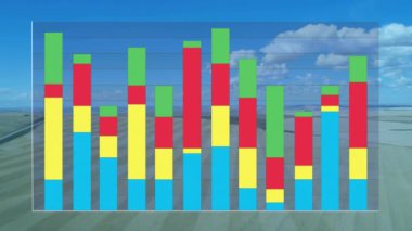 Mavi gökyüzü ve bulutlarla tarımsal manzara üzerine bar çizelgesi. Veri, analitik, görselleştirme, doğa, sürdürülebilirlik, tarım