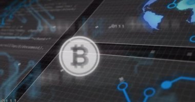 Bitcoin sembolü ve dijital devre kartı animasyonu finansal veriler üzerinde. Kripto para birimi, engelleme zinciri, fintech, dijital para birimi, teknoloji, finans