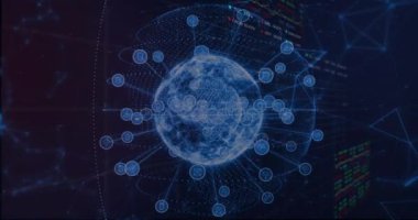 Finansal piyasa grafikleri üzerinden küresel ağ bağlantılarının ve veri işlemenin canlandırılması. Teknoloji, finans, animasyon, ekonomi, analiz