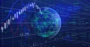Finansal veriler ve tüm dünyada grafikler ve grafiklerle birlikte borsa animasyonu. Finans, yatırım, analitik, küresel, ekonomi, iş