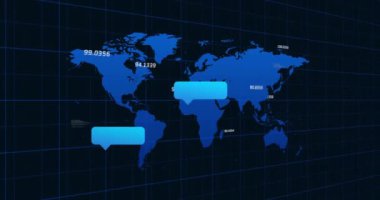 Dünya haritasında sohbet baloncukları ve konum verileri canlandırılıyor. Küresel, iletişim, animasyon, teknoloji, görselleştirme, etkileşimli