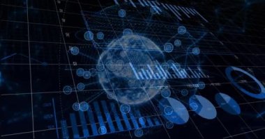 Canlandırılmış dijital grafik ve grafiklerle küresel verileri görselleştirmek. Analiz, istatistik, teknoloji, bilgi, veri görselleştirme