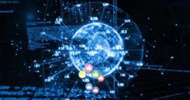 Dijital veri işleme animasyonu üzerine farklı renklerdeki simgeleri parmakla gösterir. Onay, canlı, teknoloji, görsel, çeşitli