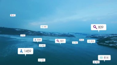 Sosyal medya etkinliği, dingin göl ve dağ manzarası üzerine animasyon simgeleri oluşturuyor. Doğa, manzara, dağlar