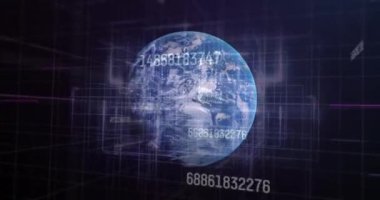 Sayısal verileri ve şebeke çizgileri olan dünya, küresel veri analizi animasyonu. teknoloji, dijital, görselleştirme, bilgi, ağ