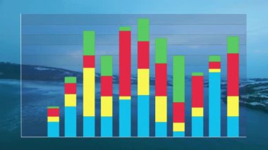 Mavi gökyüzü ve suyla huzurlu kıyı manzarasının bar haritası. Veri, analitik, grafik, doğa, dinginlik, kıyı şeridi