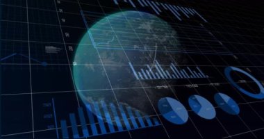 Finansal veri grafikleri ve grafikleri Dünya 'nın etrafında dönüyor. Finans, animasyon, veri görselleştirme, küresel, ekonomi, hareket grafikleri
