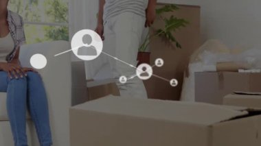 Animasyon ağı oturma odasında konuşan farklı insanlar üzerine kuruludur. communication, network, technology, conversation, interaction, community