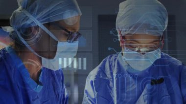 Tıbbi veriler işleniyor, ameliyathanede çalışan cerrahları kapsayan animasyon. Sağlık, cerrahi, teknoloji, yenilik, doktorlar, işletme