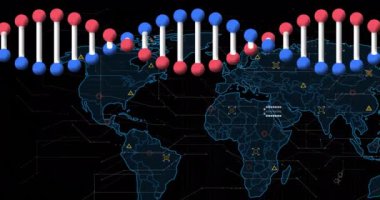 Dünya haritasında veri noktaları ve bağlantılarla DNA ipliği animasyonu. Genetik, biyoteknoloji, veri görselleştirme, küresel, ağ, yenilik