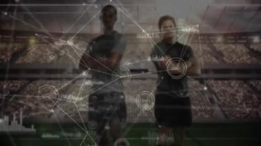 Stadyumdaki futbolcuların veri analizi ve ağ bağlantıları. Spor, teknoloji, görselleştirme, dijital