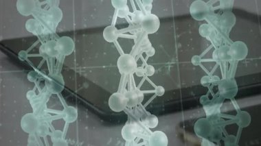 Akıllı telefon ve tablet üzerinde DNA iplikleri ve moleküler yapı animasyonu. Biyoteknoloji, genetik, sağlık, yenilik, araştırma, bilim konsepti