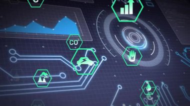 Fütürist teknoloji simgeleri ve dijital arayüz üzerinde veri işleme animasyonu. yenilik kavramı