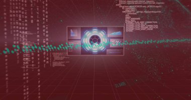 Kırmızı arkaplan üzerinde grafikler ve dairesel arayüz olan geleceksel veri işleme resmi. Teknoloji, dijital, soyut, modern, yenilik, analiz