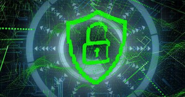 Karanlık arkaplan üzerinde veri işleme ve asma kilit simgesi resmi. Küresel siber güvenlik, bağlantılar, hesaplama ve veri işleme kavramı dijital olarak oluşturuldu.