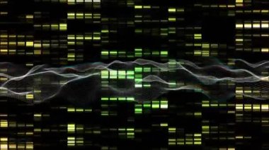 Bilimsel veriler, DNA dizileri ve ikili kodlama animasyonları işleniyor. Bilim, teknoloji, biyoteknoloji, genetik, araştırma, yenilik