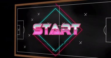 Neon şekiller ve spor stratejisi diyagramı üzerinde START metin animasyonu. Plan, ışıltı, grafikler, fütüristik