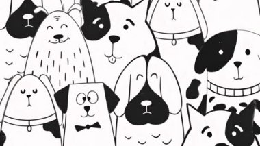 Değişik ifadeleri ve animasyonu olan siyah beyaz çizgi film köpekleri. monokrom, illüstrasyon, taslak, duygular, sevimli, karakterler
