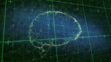 Sinir ağı animasyonu dijital beyin yapısını ızgara hatlarıyla gösteriyor. Yapay zeka, makine öğrenme, teknoloji, fütüristik, yenilik, veri