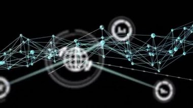 Siyah arkaplan üzerindeki simgelerle bağlantı ağının animasyonu. Sosyal medya ve teknoloji kavramı, dijital olarak oluşturulan video.