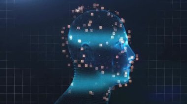 Veri noktaları ve şebeke ile dijital insan kafası, yapay zeka animasyonu. teknoloji, gelecek, yenilik, sanal, bilim, nöral