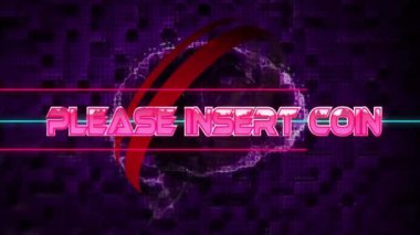 Lütfen dijital dünya ve mor arkaplan üzerine bozuk para metni animasyonu takın. teknoloji, fütüristik, finans, para birimi