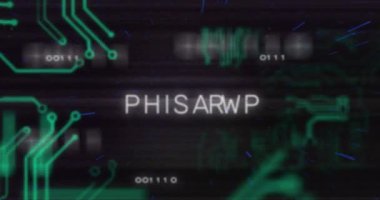 Dijital devre kartı arka planında yanıp sönen uyarı metni animasyonu. Siber güvenlik, hackleme, veri ihlali, dolandırıcılık, alarm, teknoloji.