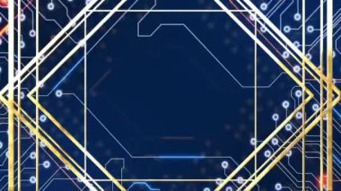 Mavi arka planda parlayan çizgilerin ve devre kartlarının animasyonu. Teknoloji, devreler, dijital ağ, elektronik, fütüristik