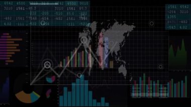 Veri tabloları ve grafikleri olan dünya haritası, küresel finansal analiz animasyonu. analitik, finans, ekonomi, veri görselleştirme, istatistik, iş