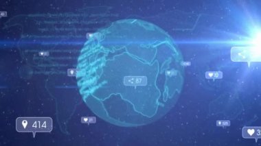 Ağ bağlantıları olan dönen dijital dünya, sosyal medya bildirimleri animasyonları. Teknoloji, bağlantı, küresel, iletişim, internet