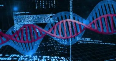 Bilimsel veriler, DNA dizileri ve ikili kodlama animasyonları işleniyor. Bilim, teknoloji, genetik, biyoenformatik, veri analizi, biyoteknoloji