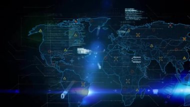 Dijital arkaplan üzerinde veri işleme ve siber güvenlik animasyonuna sahip dünya haritası. Teknoloji, küresel, ağ, fütürist