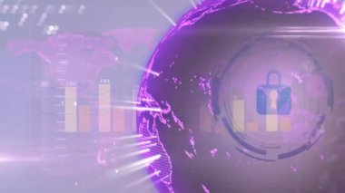 Parlayan dijital küre ve veri tabloları dünya haritası üzerinde animasyon oluşturur. Teknoloji, küresel, analitik, fütüristik, görselleştirme, ağ