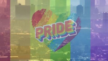 Gökkuşağı kalbi ve şehir manzarası üzerinde gurur verici metin animasyonu. LGBTQ, kutlama, topluluk, eşitlik