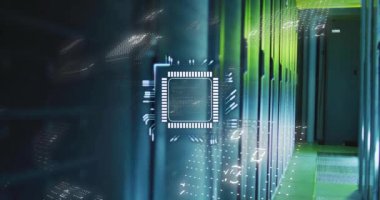 Veri merkezindeki sunucu odasında mikroçip ve ikili kod canlandırılıyor. Teknoloji, siber güvenlik, ağ oluşturma, dijital, programlama, bilişim konsepti