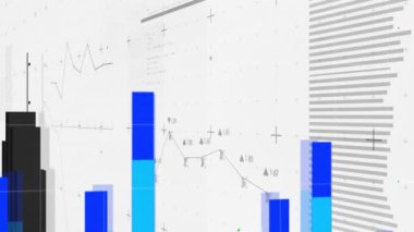 Finansal veriler ve borsa eğilimleri dünya haritası ve bar tabloları üzerinde animasyon. Finans, küresel, analitik, ekonomi, istatistik, görselleştirme