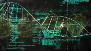 DNA ipliği ve veri işleme animasyonu bilimsel arka planda. Biyoteknoloji, genetik, araştırma, bilim, laboratuvar, yenilik