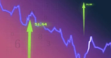 Finansal grafik üzerinde yükselen ve düşen oklarla borsa verileri. Finans, yatırım, ekonomi, ticaret, analitik, büyüme