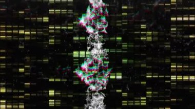 Dijital veri işleme animasyonlu DNA ipliği, siyah arkaplanda yeşil desenler. Genetik, biyoteknoloji, teknoloji, bilim