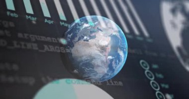 Aylık veri eğilimlerini gösteren çubuk grafiği üzerinden Dünya animasyonunu döndürmek. Genel, analitik, istatistik, grafik, bilgi, teknoloji