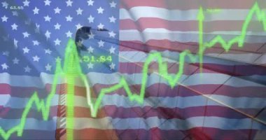Amerikan bayrağı ve şehir binaları üzerinde borsa grafik animasyonu. Finans, ekonomi, yatırım, ticaret, büyüme, iş
