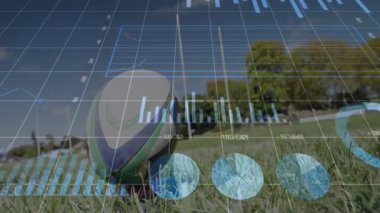 Çimenli alanda futbol oynayan insanların grafikleri ve çizelgeleri. Spor, analitik, istatistik, takım çalışması, veri, performans